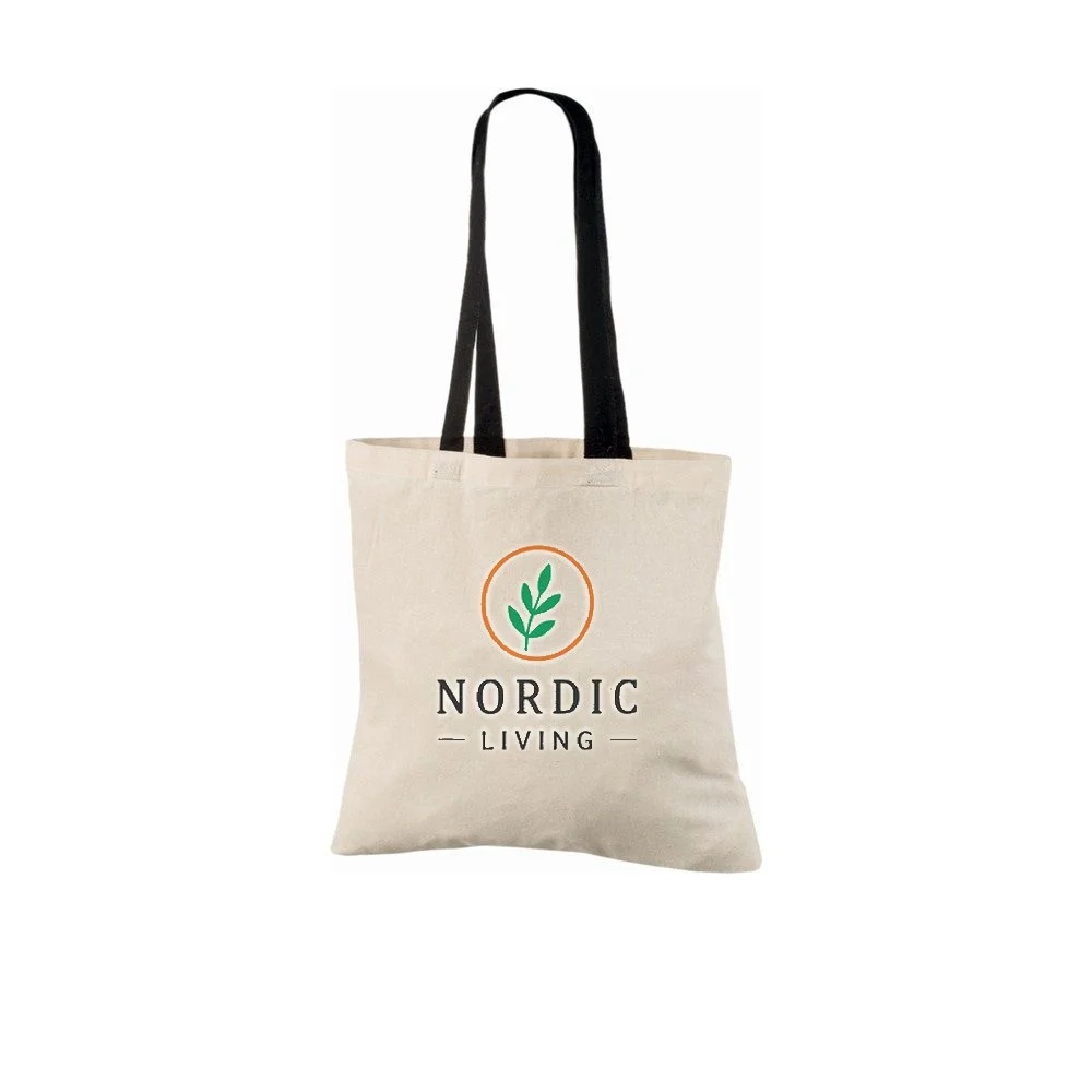 Bomullsnett, kontrasthanker, med eksempel på logotrykk i tre farger – natur/svart