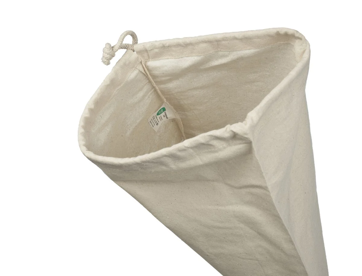 Bomullspose, 24 × 30 cm, åpning og innvendig etikett – natur