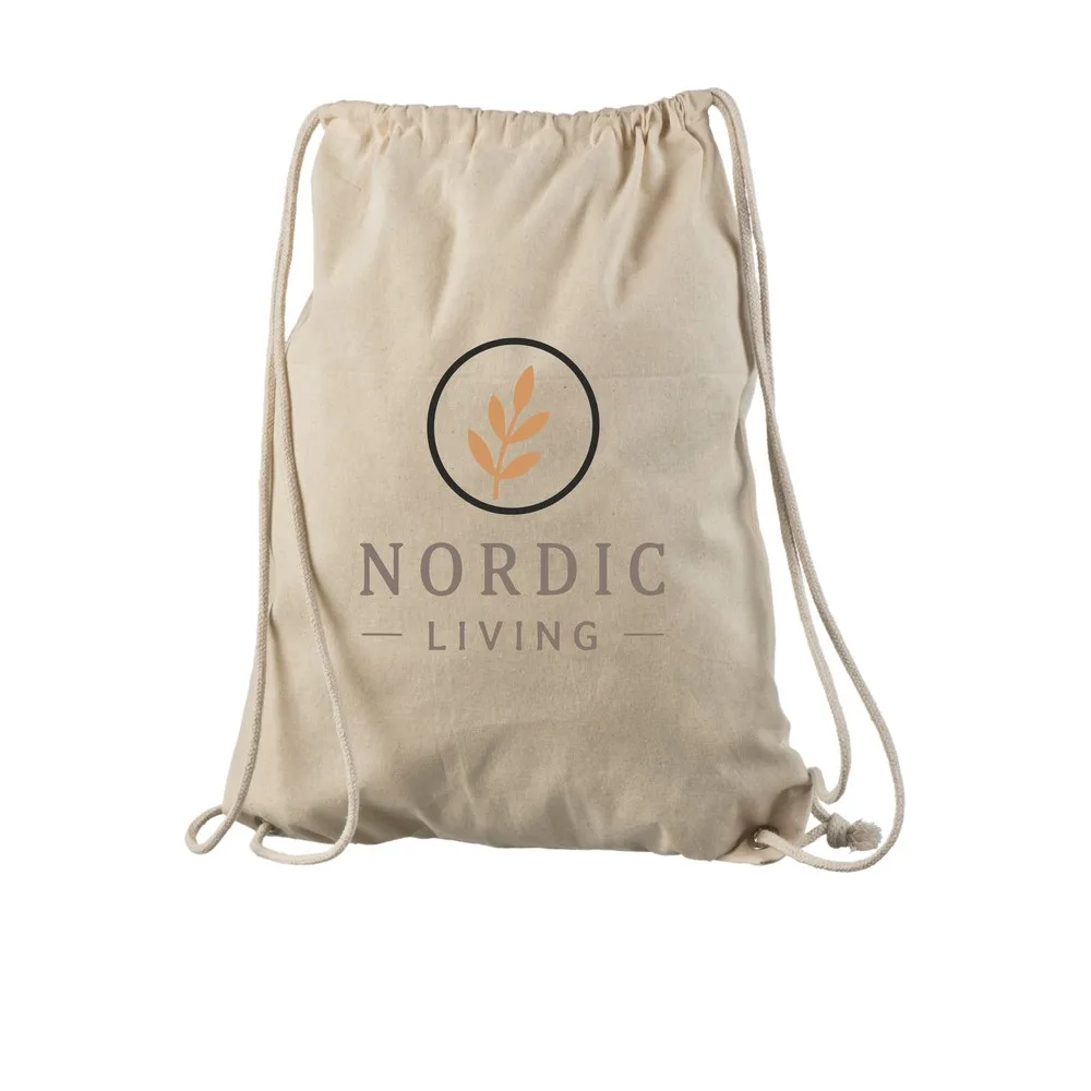Gympose i bomull, med eksempel på logotrykk i tre farger – natur
