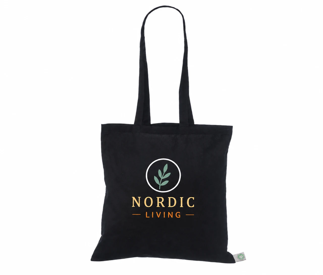 Økologisk bomullsnett, 40 × 40 cm, med eksempel på logotrykk i fire farger – svart