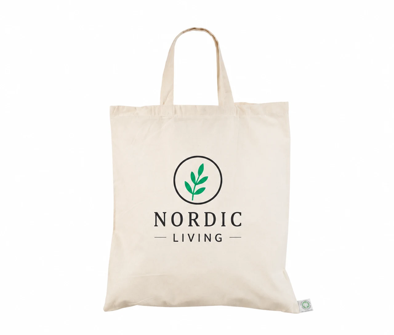 Økologisk bomullsnett, korte hanker, med eksempel på logotrykk i to farger – natur