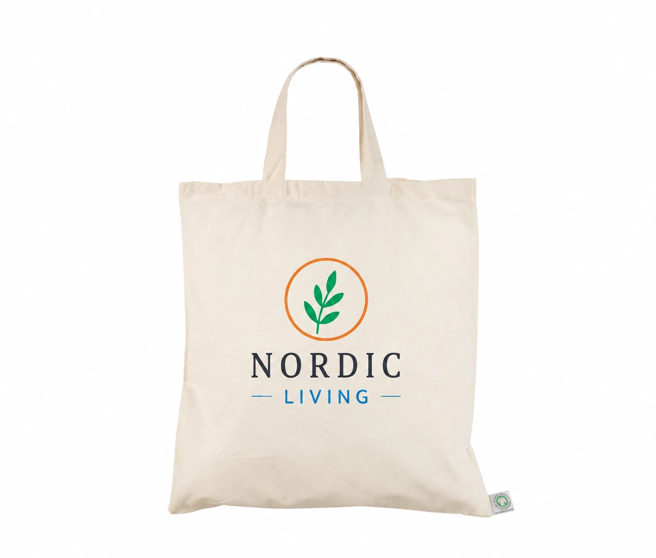 Økologisk bomullsnett, korte hanker, med eksempel på logotrykk i fire farger – natur