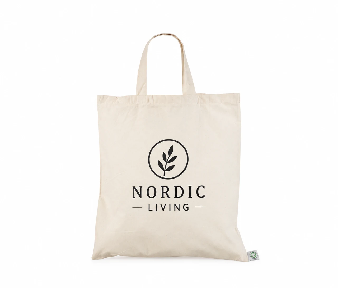 Økologisk bomullsnett, korte hanker, med eksempel på logotrykk i én farge – natur