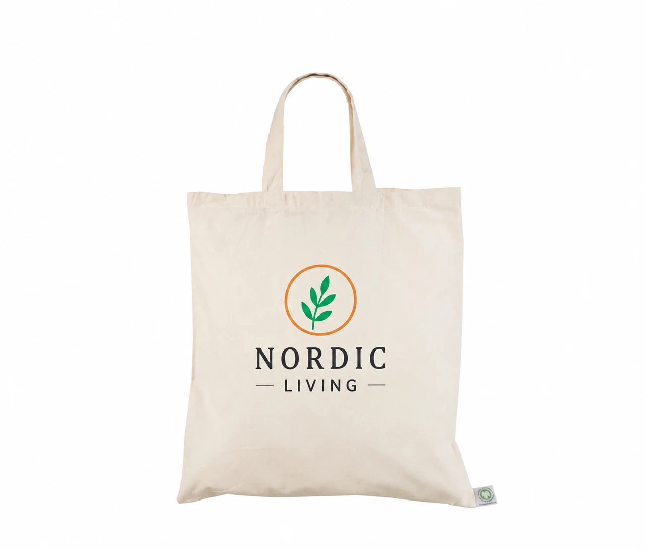 Økologisk bomullsnett, korte hanker, med eksempel på logotrykk i tre farger – natur