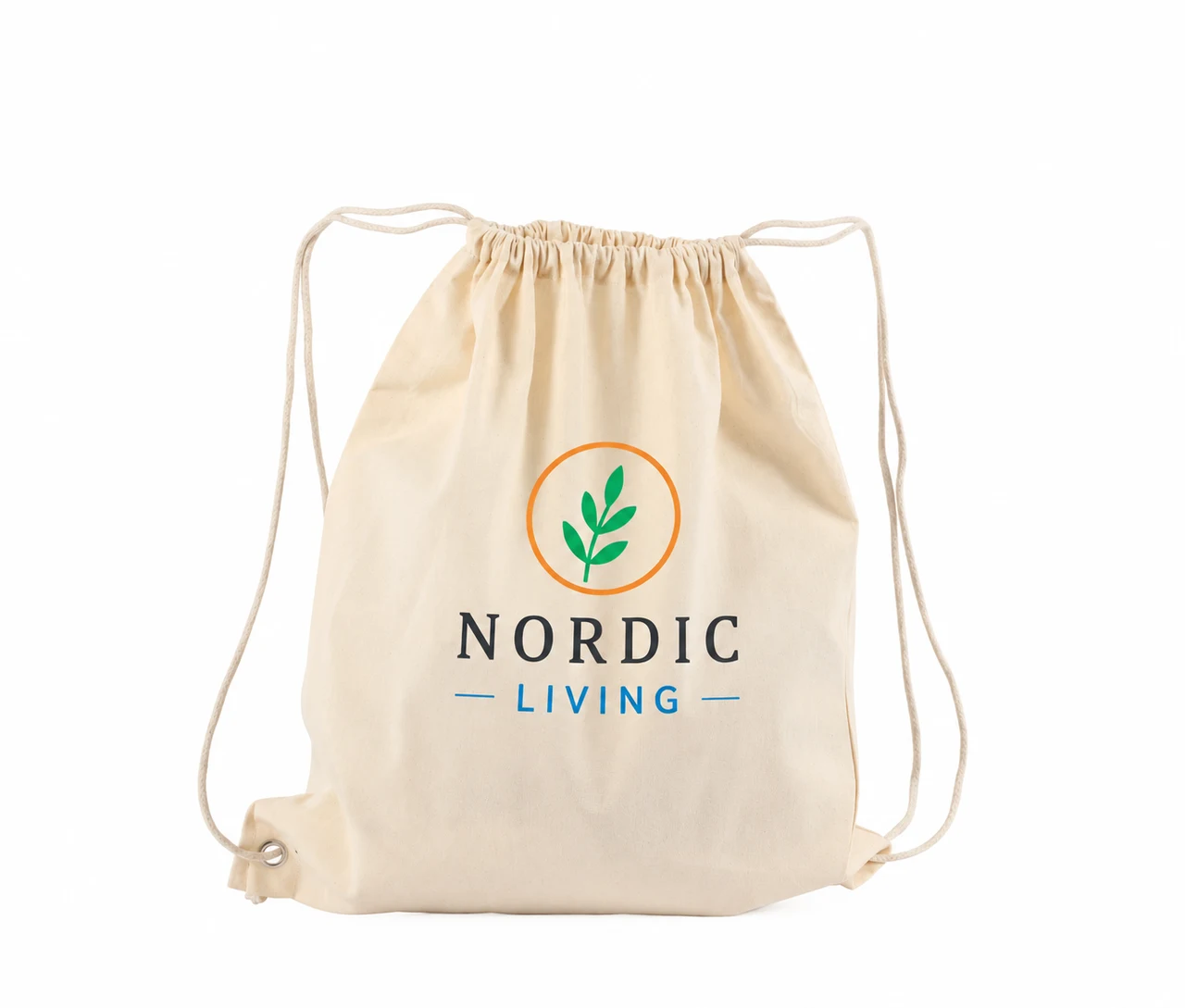 Økologisk bomullspose, 40 × 45 cm, med eksempel på logotrykk i fire farger – natur