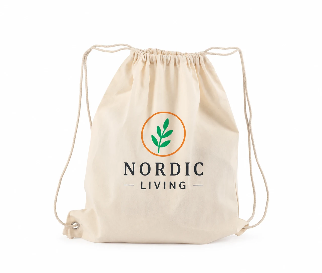Økologisk bomullspose, 40 × 45 cm, med eksempel på logotrykk i tre farger – natur
