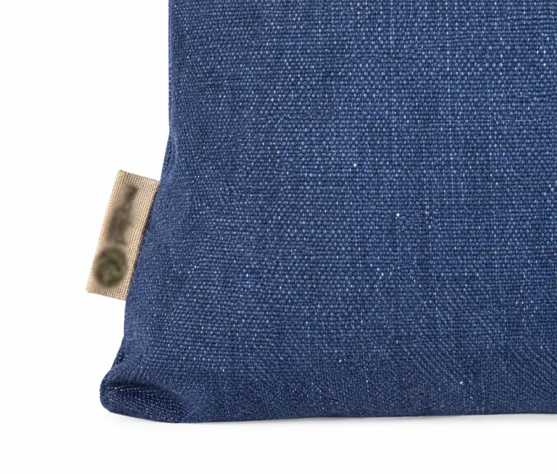 Resirkulert handlenett, 150 g/m², nærbilde av innsydd etikett – jeansblått