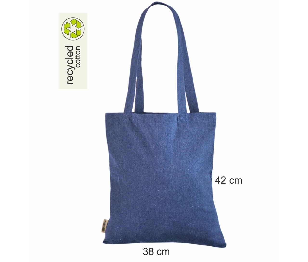 Resirkulert handlenett, 150 g/m², med påførte mål – jeansblått