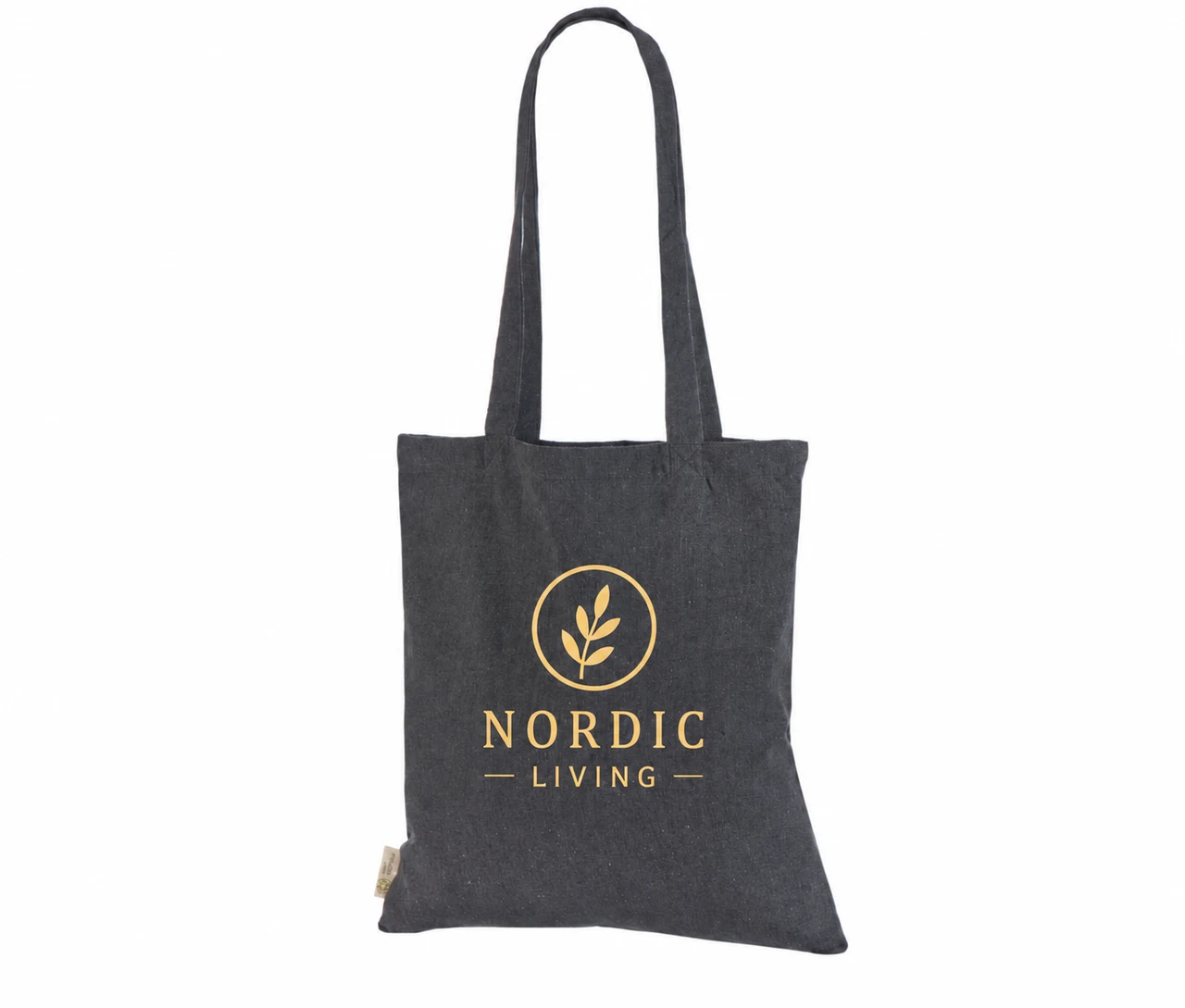 Resirkulert handlenett, 150 g/m², med eksempel på logotrykk i én farge – mørkegrått