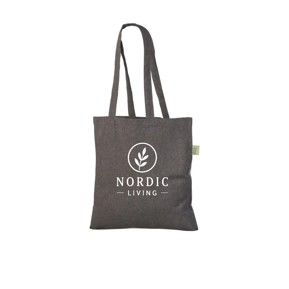 Resirkulert handlenett, 180 g/m², med eksempel på logotrykk i én farge – mørkegrått