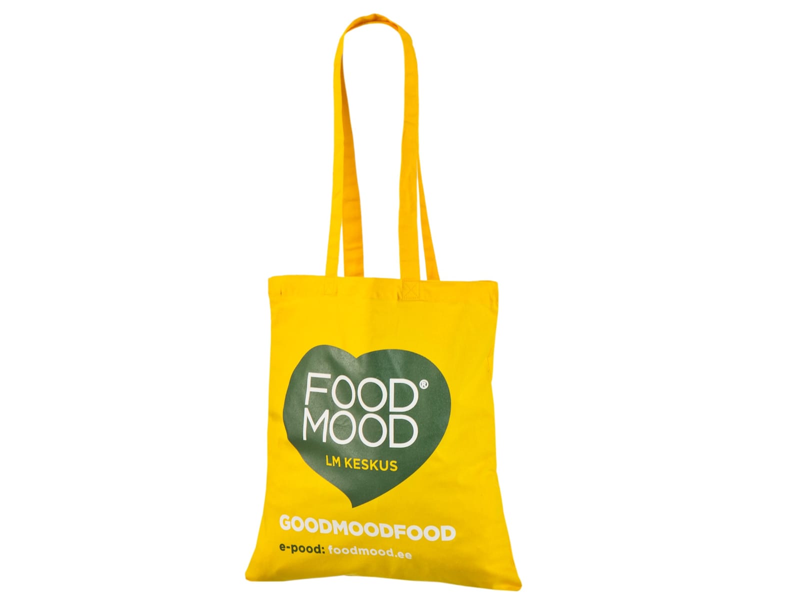 Gult bomullsnett med lange hanker, grønt hjerte med hvit FOOD MOOD-tekst og budskapet GOODMOODFOOD under.