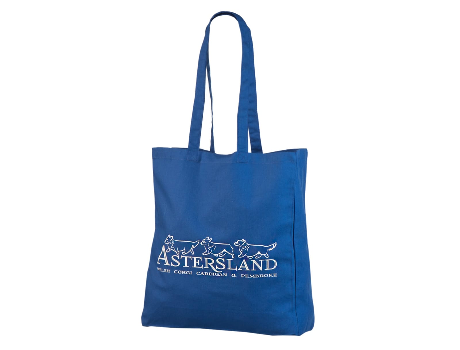 Kongeblått bomullsnett med sidefals og tre hvite corgi-figurer over Astersland-navnet.