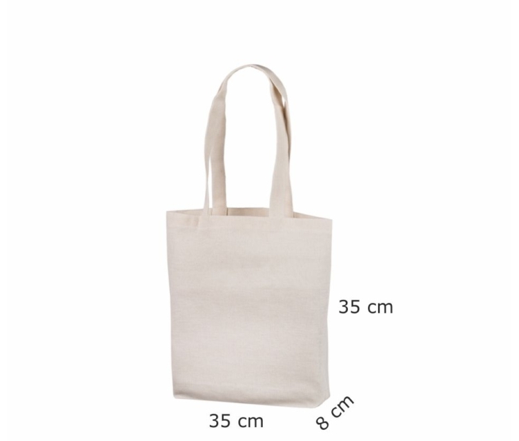 Naturfargede handlenett av tekstil. Mål: 35×35+7 cm